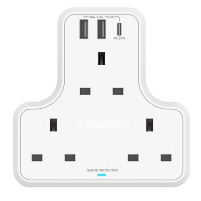 Three way Socket Adaptor with USB A & C Chargers  Surge Protected 3 Sockets