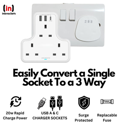 Three way Socket Adaptor with USB A & C Chargers  Surge Protected 3 Sockets