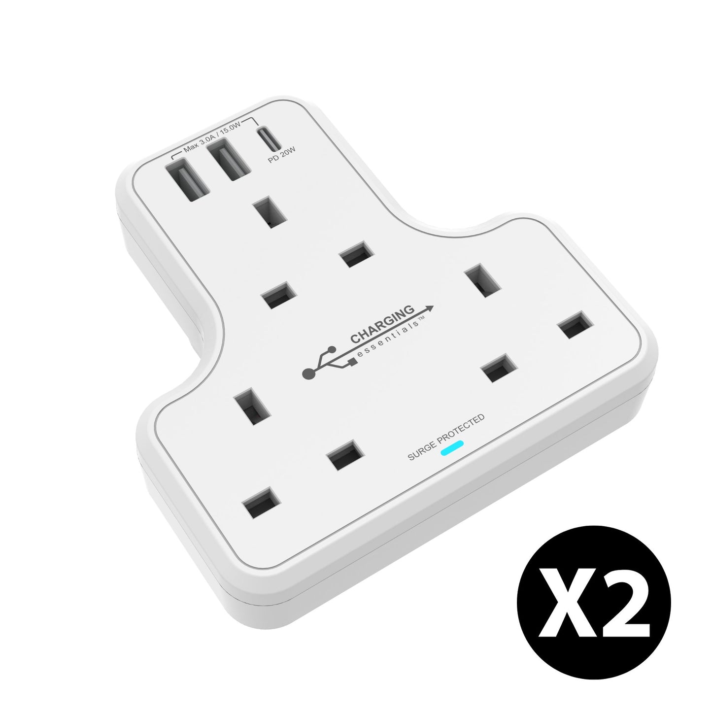 Three way Socket Adaptor with USB A & C Chargers  Surge Protected 3 Sockets