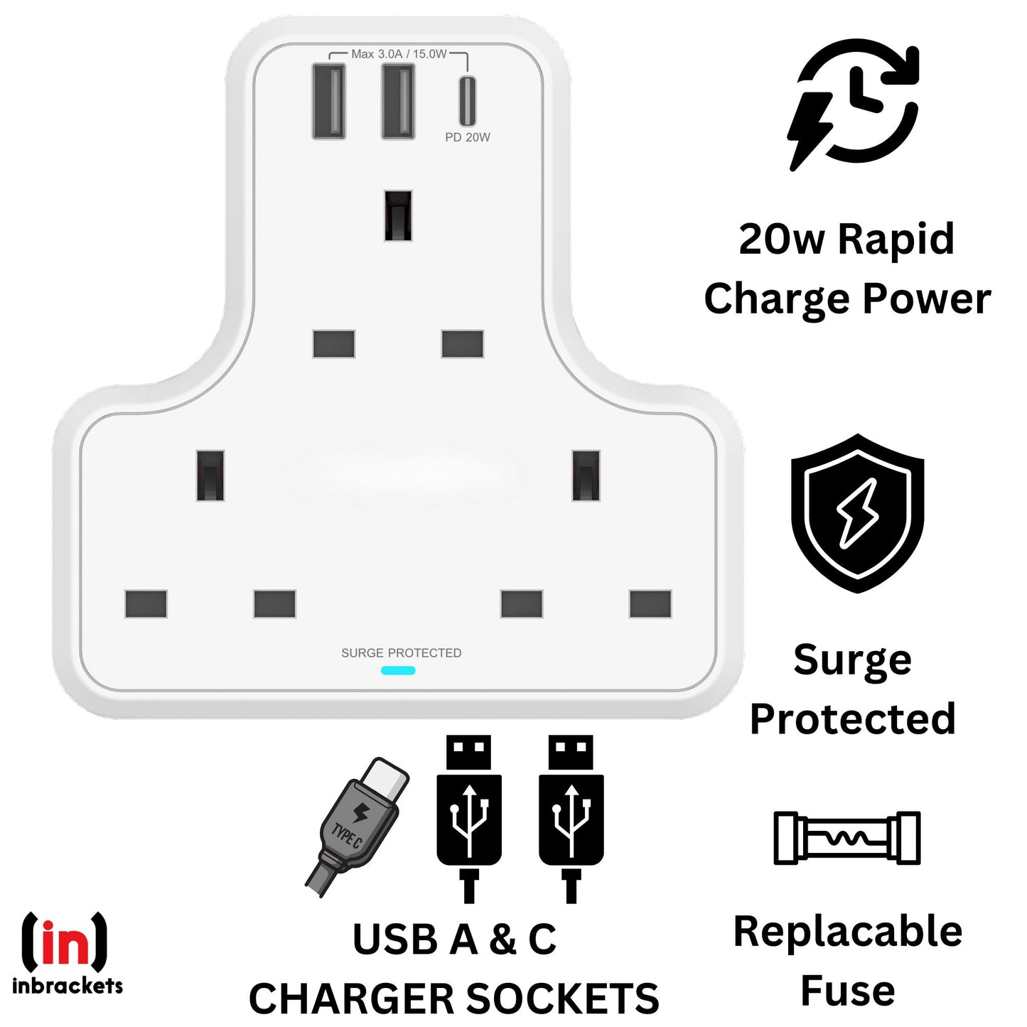 Three way Socket Adaptor with USB A & C Chargers  Surge Protected 3 Sockets