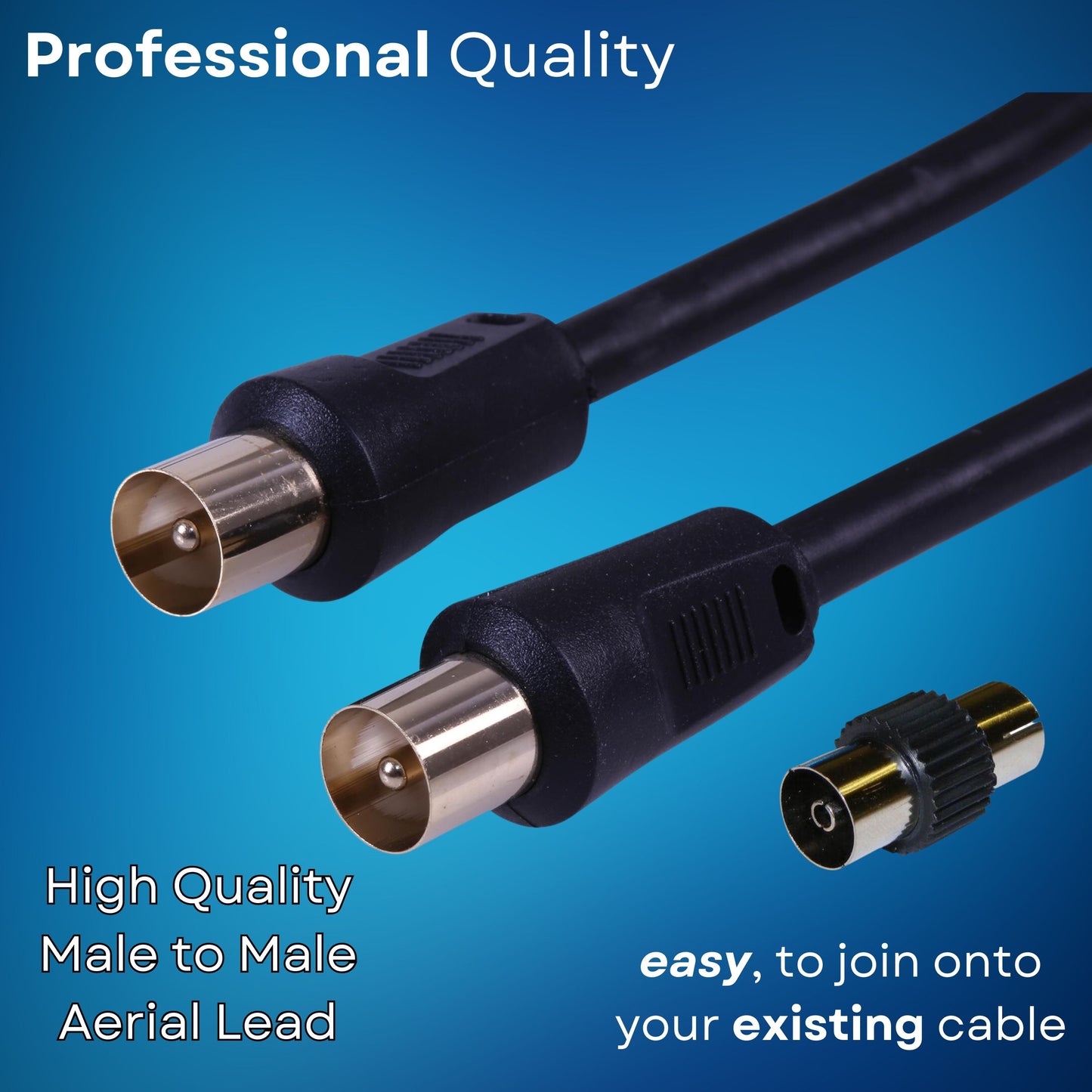 Tv Aerial Coax Cable RF Lead Male Plug to Plug with Coupler Gold Plated for Freeview Digital TV and Aerial Black