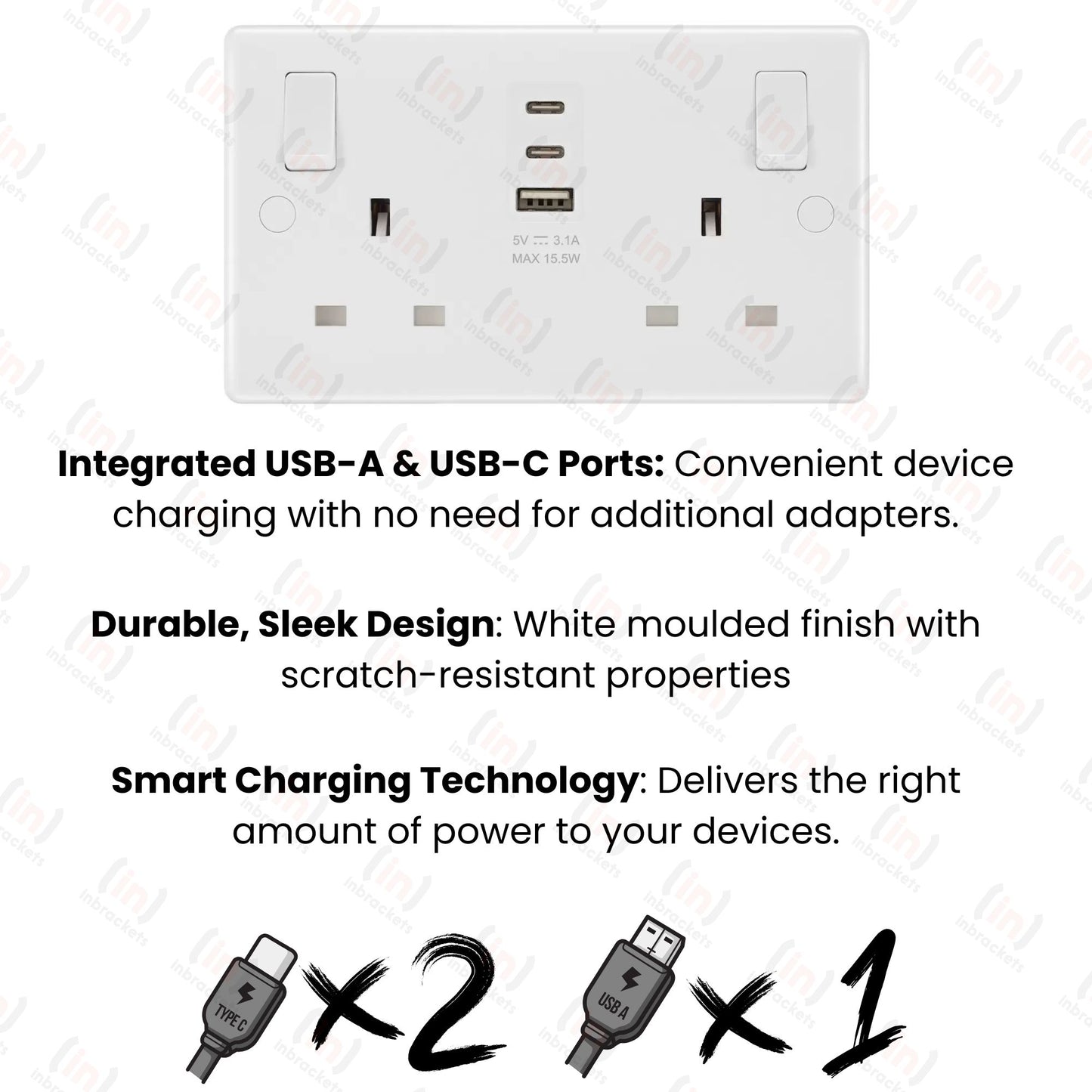 Double 13A Switched Socket with 15W USB A &  2 x C Charger Port Masterplug