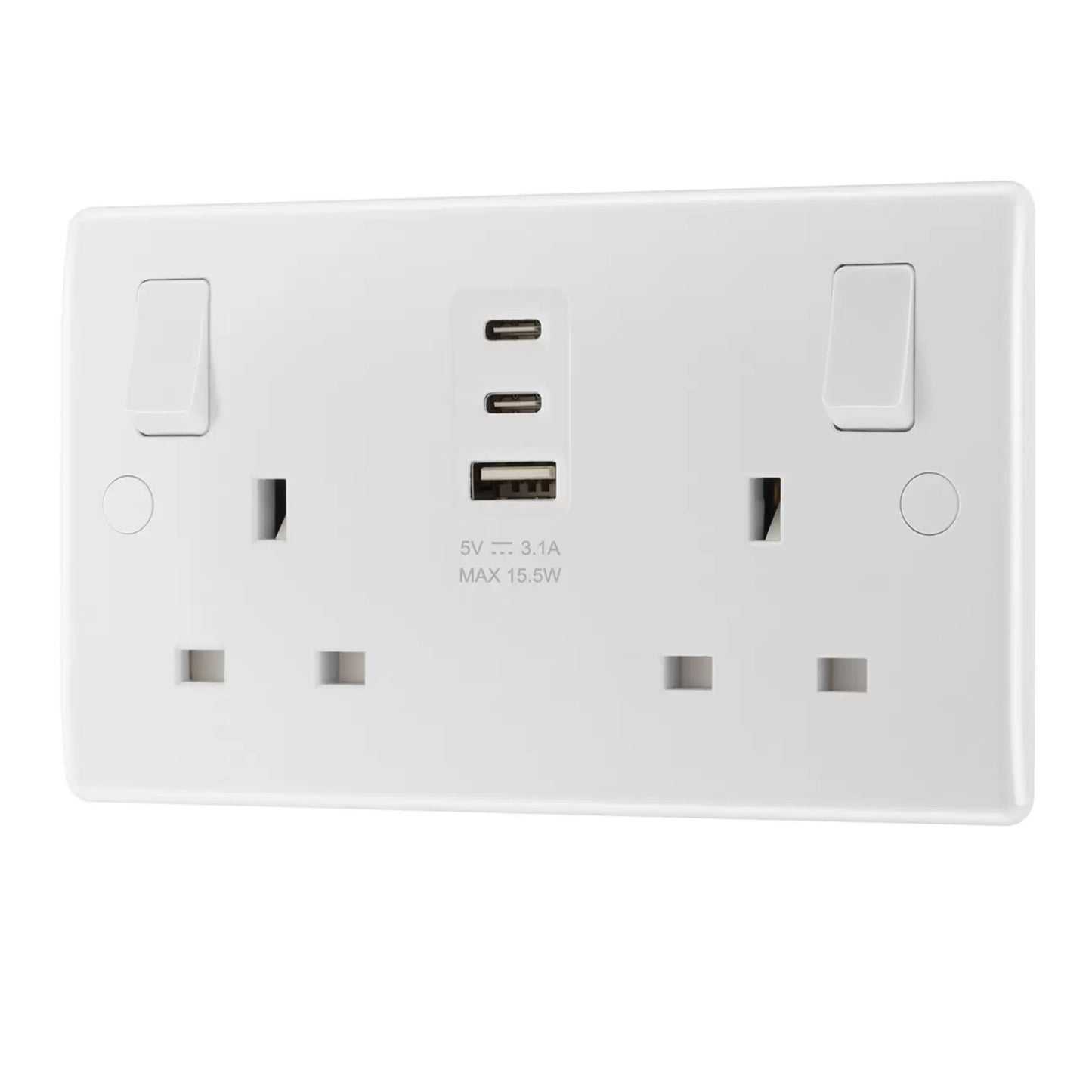 Double 13A Switched Socket with 15W USB A &  2 x C Charger Port Masterplug