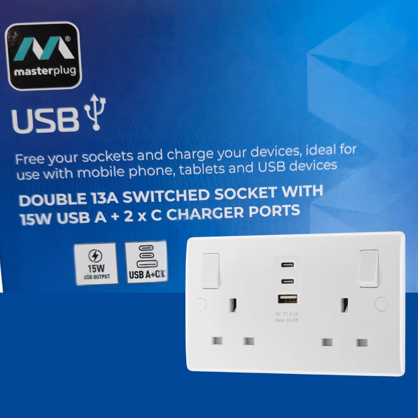 Double 13A Switched Socket with 15W USB A &  2 x C Charger Port Masterplug