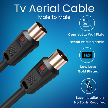 Tv Aerial Coax Cable RF Lead Male Plug to Plug with Coupler Gold Plated for Freeview Digital TV and Aerial Black