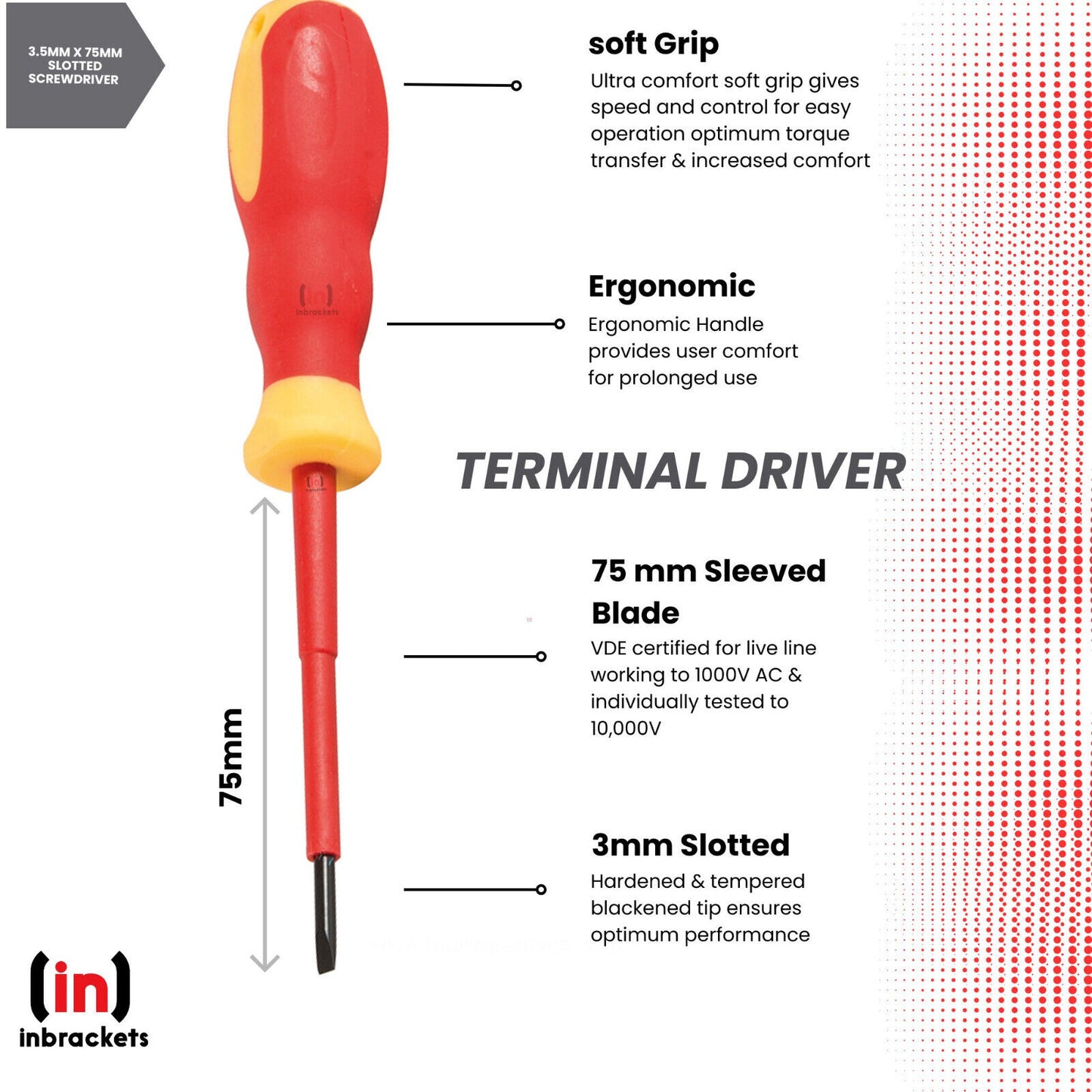 Screwdriver VDE Electrical Slotted Flat Insulated Terminal Driver 3mm x 75mm Pack of 2