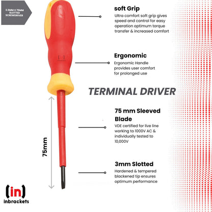 Screwdriver VDE Electrical Slotted Flat Insulated Terminal Driver 3mm x 75mm Pack of 2