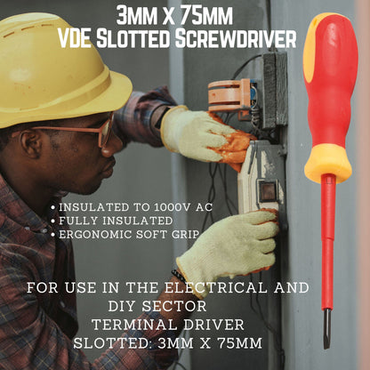 Screwdriver VDE Electrical Slotted Flat Insulated Terminal Driver 3mm x 75mm Pack of 2